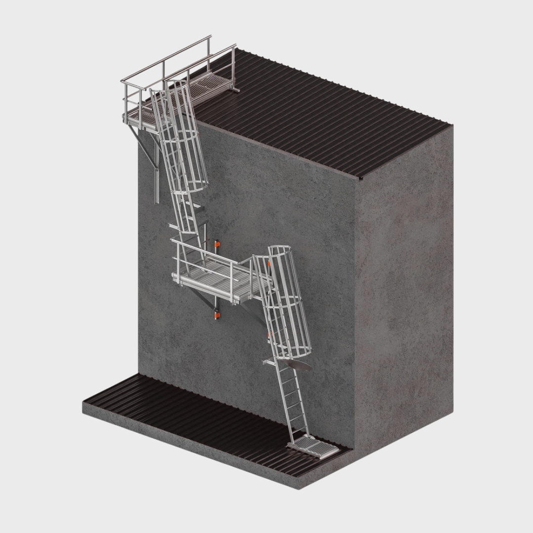 Angled Safety Cage Ladder with Midway Landing Platform and 2.4 Adjustable Access Kit