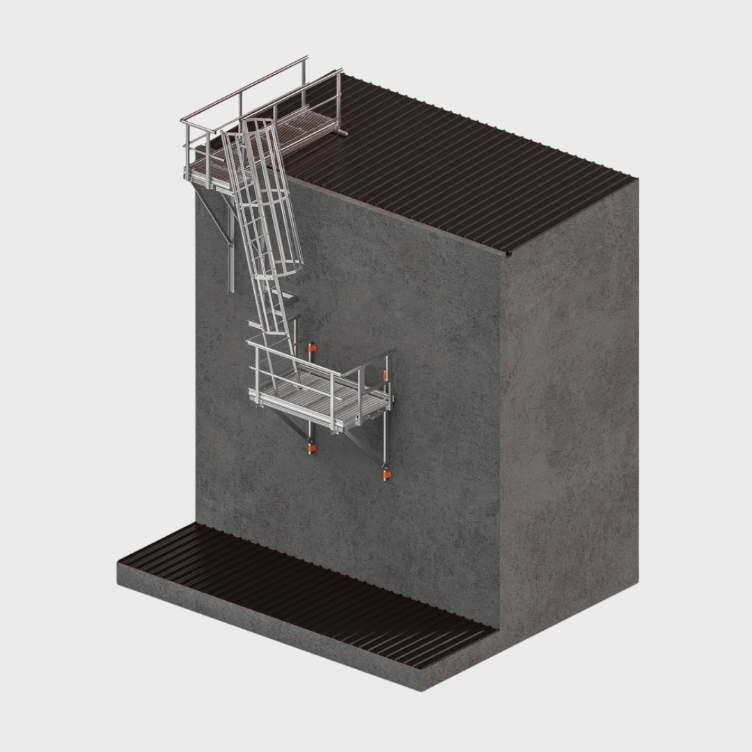 Suspended Angled Cage Ladder with Midway Landing Platform and 2.4m Adjustable Access Kit