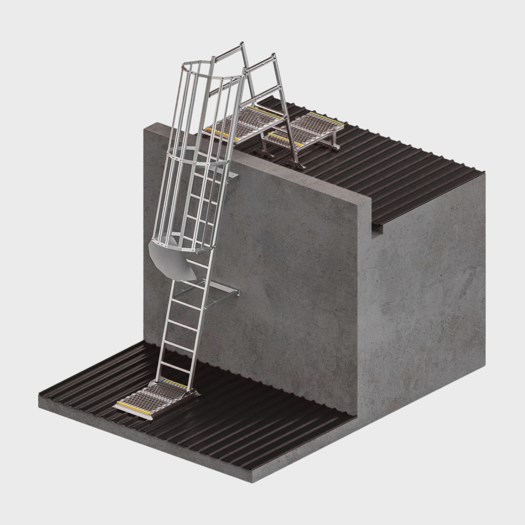Angled Safety Cage Ladder with Grabrails, Parapet platform and 1.0m Landing