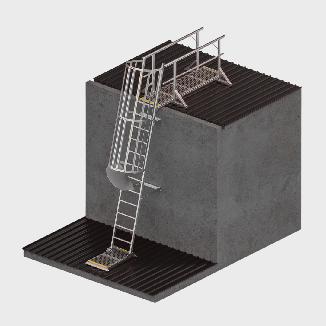 Angled Safety Cage Ladder with 2.4m Adjustable Access Kit