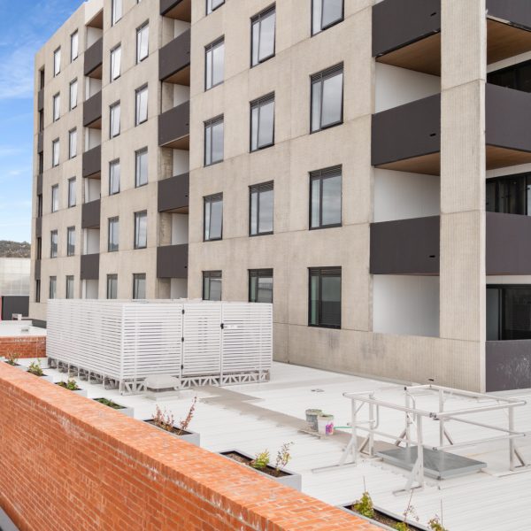 Roof mount HVAC plaform with slatted HVAC screen on apartment building - Tonsley, SA